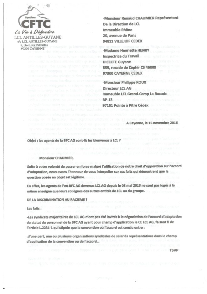 Le courrier du 15.11.2016 adressé à la Direction de LCL 1/2. Le courrier du 15.11.2016 adressé à la Direction de LCL 1/2.