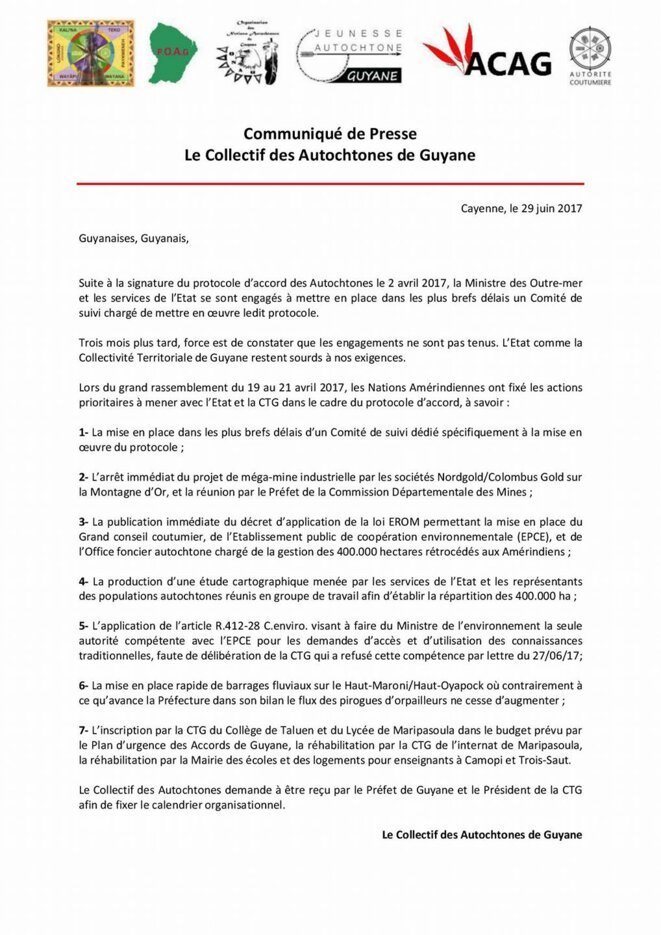 Communiqué de presse du Collectif des Autochtones de Guyane. 29/06/2017 Communiqué de presse du Collectif des Autochtones de Guyane. 29/06/2017