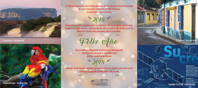 Carte de voeux de noël 2017 du ministère des affaires étrangères du Venezuela, via son consulat, au peuple martiniquais. © République Bolivarienne du Venezuela Carte de voeux de noël 2017 du ministère des affaires étrangères du Venezuela, via son consulat, au peuple martiniquais. © République Bolivarienne du Venezuela
