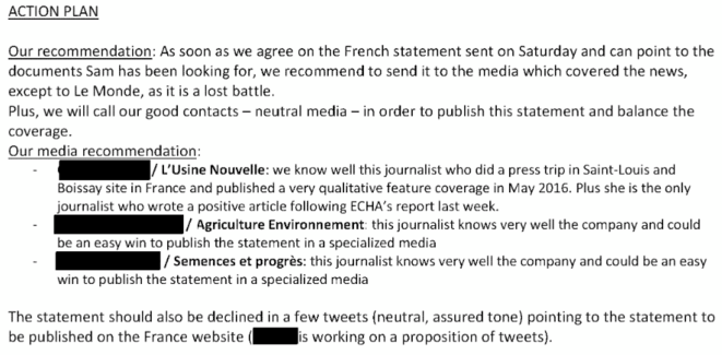 Extrait du mail de Fleishman Hillard à Monsanto du 20 mars 2017 Extrait du mail de Fleishman Hillard à Monsanto du 20 mars 2017