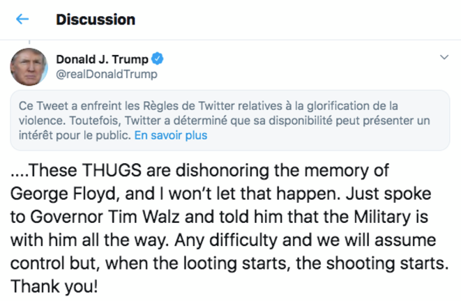 Le tweet dans ses versions masqué et démasqué. Le tweet dans ses versions masqué et démasqué.