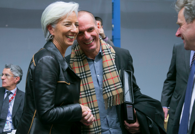 Christine Lagarde (FMI), Yanis Varoufakis, ministre des finances grec, et Poul Thomsen à droite, en février à Bruxelles.