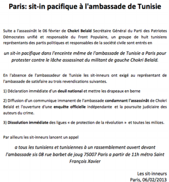 Communiqué des «sitineurs» de l&#039;ambassade de Tunisie à Paris