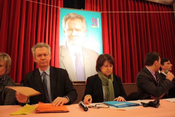 Jacques Bigot et Martine Aubry, le 9 février à Colmar (Photo: Elodie Berthaud)