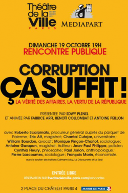 L&#039;affiche de la réunion publique du 19 octobre au Théâtre de la Ville à Paris qui sera retransmise en direct sur Mediapart.