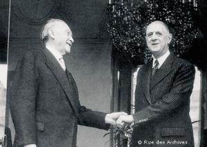 Le chancelier Adenauer et le président de Gaulle, lors du traité de l'Élysée du 22 janvier 1963