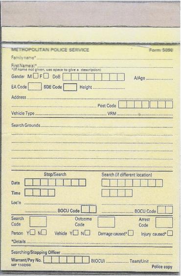 Exemple de ticket remis par la police londonienne à chaque «Stop and search»