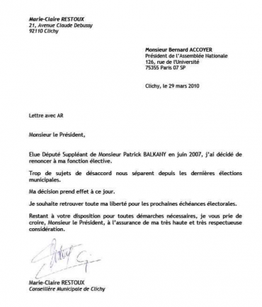 La lettre de démission de M-C Restoux.