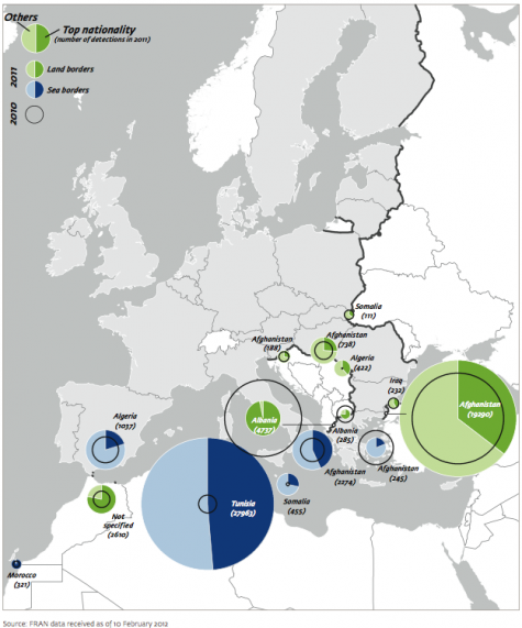 Carte de Frontex sur les arrestations de migrants aux frontières extérieures.