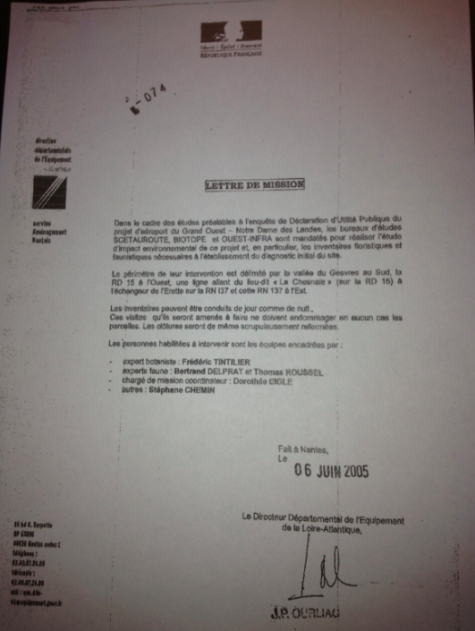 Lettre de mission de la DDE, 6 juin 2005. 