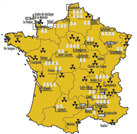 Carte de France des centrales nucléaires (Réseau sortir du nucléaire).