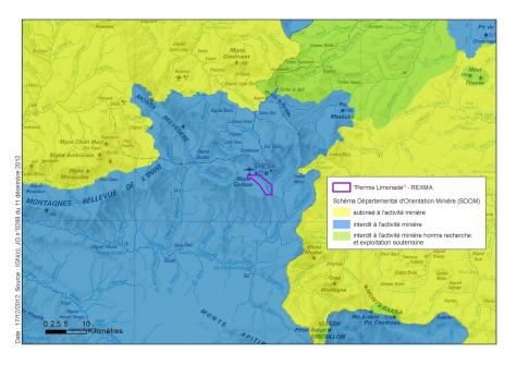 En bleu, la zone d&#039;exclusion minière en vigueur depuis 2012