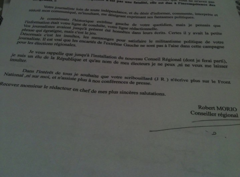 La lettre envoy�e � la D�p�che du Midi.