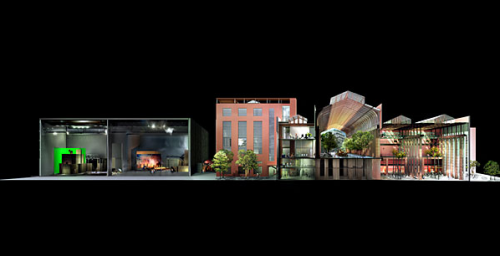 Maquette de la Cité du cinéma avec des plateaux, des ateliers décors, des bureaux... et des restaurants. © Europacorp