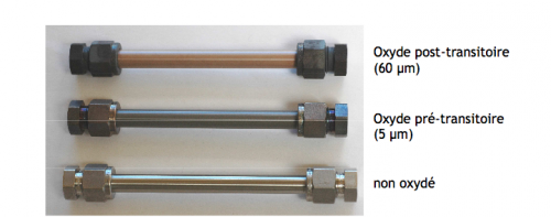 Photographies de tronçons de zircaloy 4, à différents stades d'oxydation (©IRSN). Cliquer pour agrandir