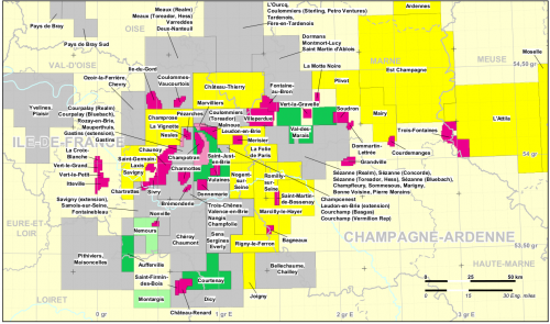 Carte des demandes de permis d&#039;exploration d&#039;hydrocarbures en Ile-de-France.