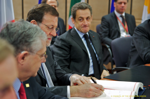 Mariano Rajoy et Nicolas Sarkoy le 2 mars à Bruxelles. © Conseil européen.