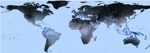 Répartition des langues à tons complexes (points rouges) et
        sans tons complexes (points bleus)