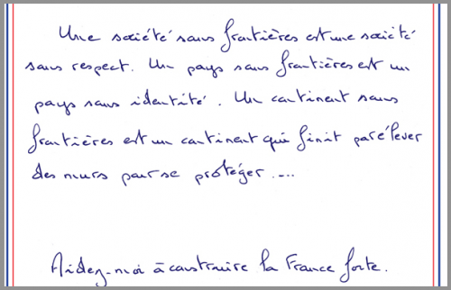 Frontière: la dernière page (manuscrite) de la lettre du candidat Sarkozy.