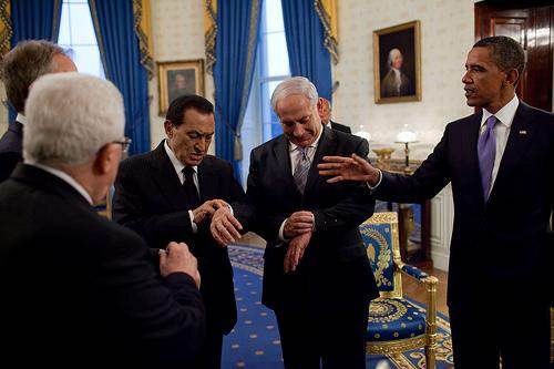 Obama reçoit Netanyahou, Moubarak et Abbas à la Maison-Blanche le 1er septembre 2010.