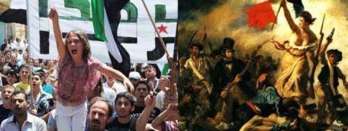 A gauche : manifestants à Sarmada en Syrie - A droite : la Liberté guidant le peuple de Delacroix