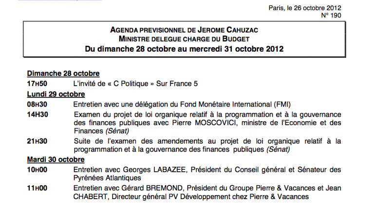 Extrait de l&#039;agenda de Jérôme Cahuzac, alors ministre du budget.