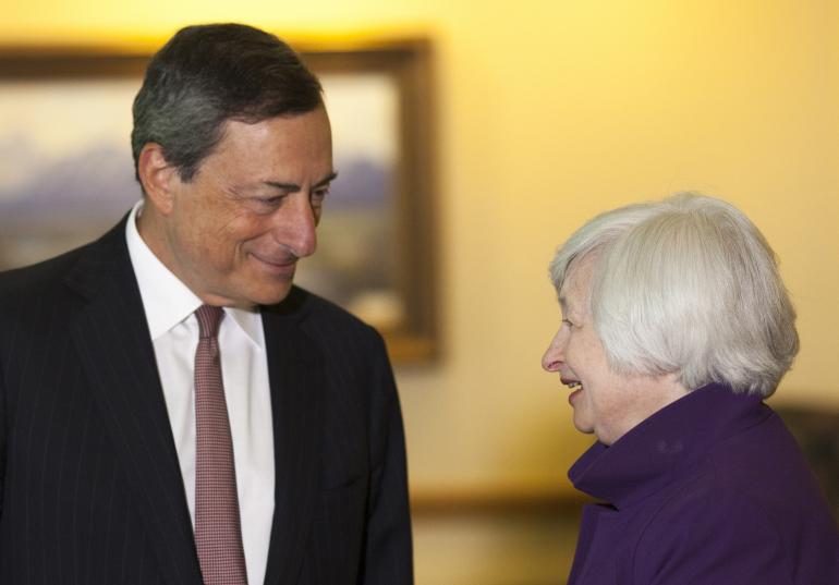 Mario Draghi (BCE) et Janet Yellen (Fed) en août 2014