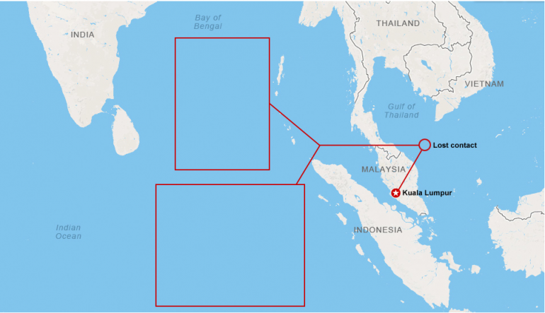 Carte montrant la route initiale de l'avion et les directions qu'il a pu prendre Carte montrant la route initiale de l'avion et les directions qu'il a pu prendre