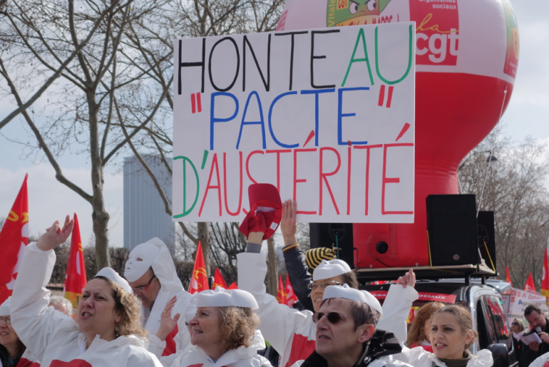 Manifestation contre le pacte de responsabilité, mardi 18 mars, à Paris.