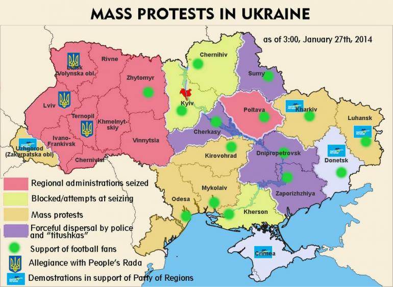 Etat des lieux des manifestations dans le pays, selon le mouvement EuroMaïdan.