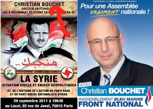 L&#039;affiche annonçant la venue de Christian Bouchet au Local en 2011 et son affiche de candidat FN aux législatives de 2012.