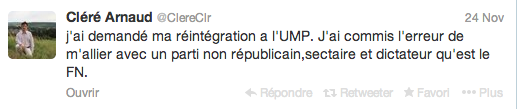 Arnaud Cléré a demandé sa réintégration à l&#039;UMP sur son compte Twitter.