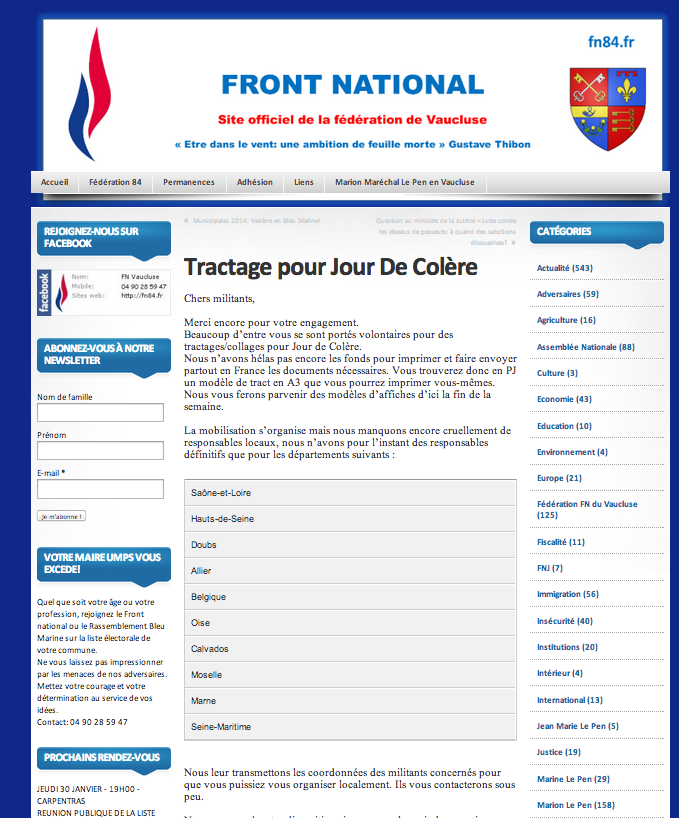 Billet du 18 décembre 2013 sur le site du FN du Vaucluse.