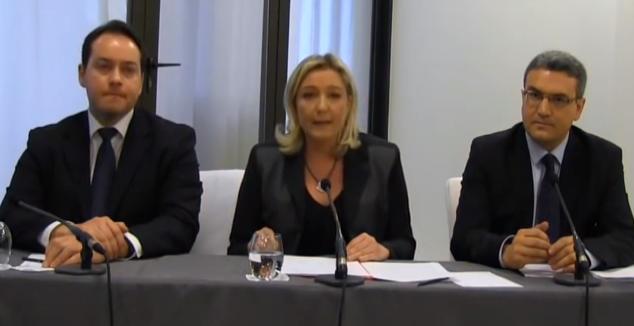 Ludovic de Danne, Marine Le Pen et Aymeric Chauprade lors de la conférence de presse internationale du FN, le 22 janvier.