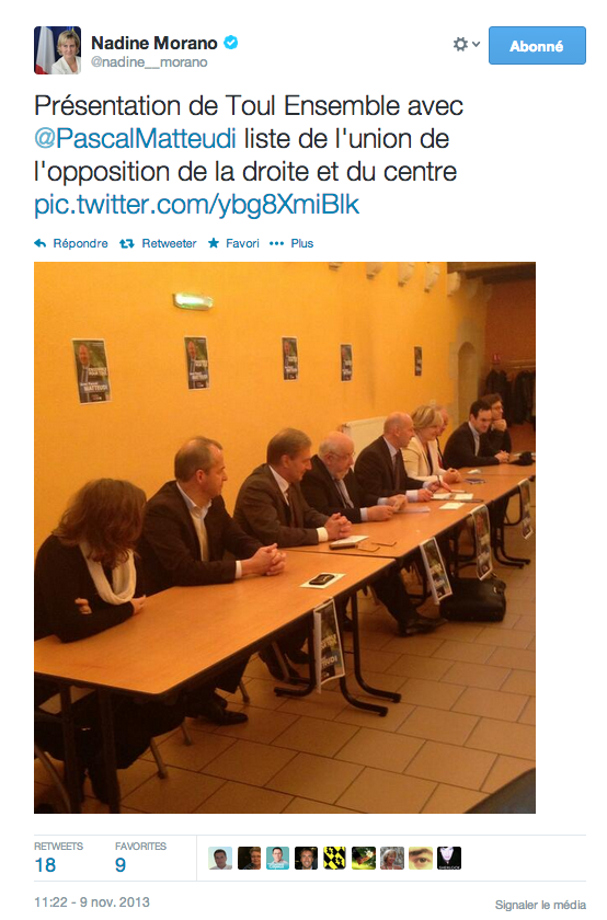 Le tweet de Nadine Morano sur sa conférence de presse de lancement de campagne municipale à Toul, le 9 novembre 2013.