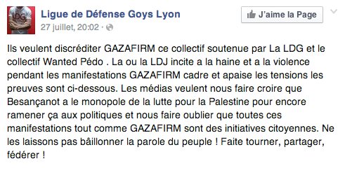 Post du 27 juillet, relayant une mise au point de Mathias Cardet, figure de la Gaza Firm, sur Facebook.