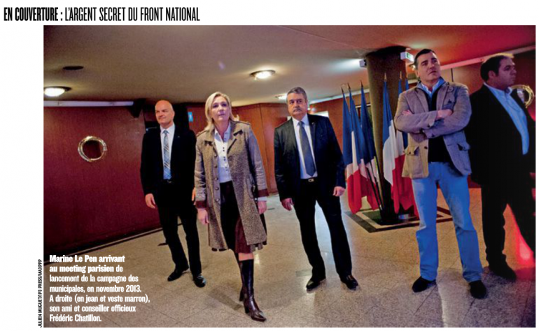 Marine Le Pen avec Frédéric Chatillon et Axel Loustau (à droite), en novembre 2013, à Paris. Dossier Figaro Magazine (mai 2014).