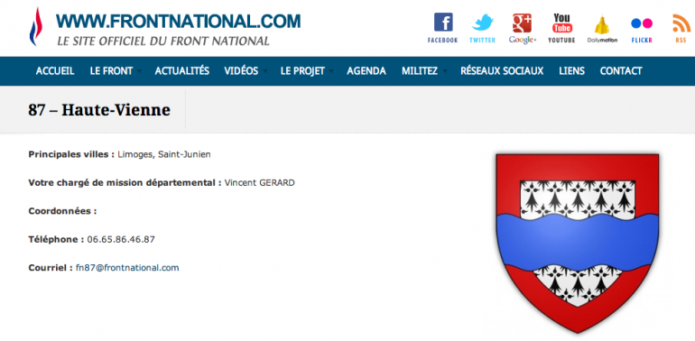 Sur le site du FN, Vincent Gérard apparaît toujours comme secrétaire départemental de la Haute-Vienne.