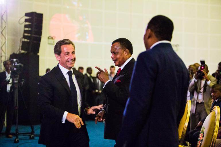 Nicolas Sarkozy avec Sassou Nguesso au forum Forbes, le 25 juillet.