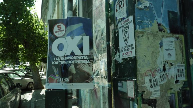 A Syriza party poster during the July 5th referendum campaign urging a &quot;No&quot; vote &quot;for democracy and dignity&quot;.