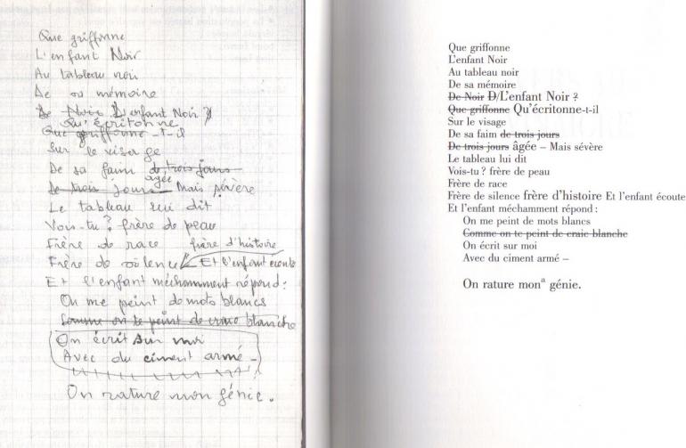 Double page (54-55) "témoin" de l'édition génétique des "Poèmes" de Sony Labou Tansi © CNRS Editions/ITEM