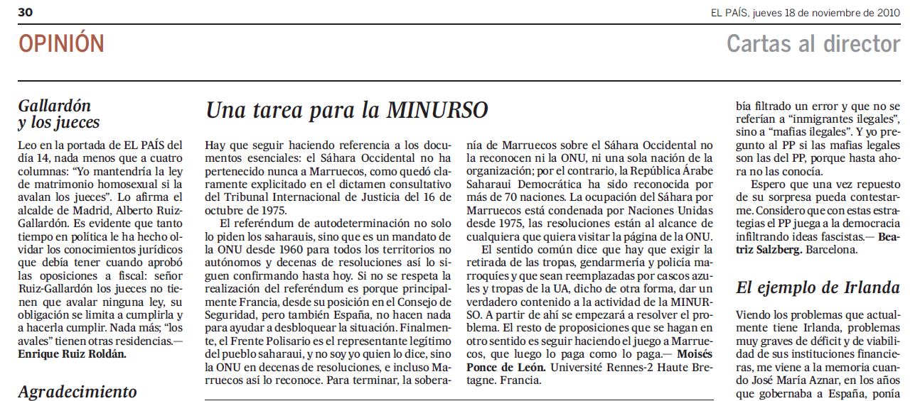 Article de Moisés Ponce de Leon dans EL PAIS, jeudi 18 novembre 2010