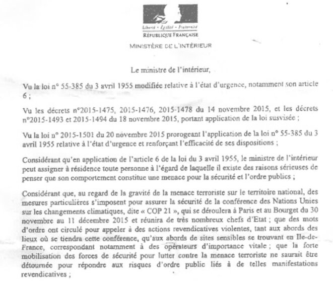 Extrait d'une des assignations à résidence décidée contre un militant rennais Extrait d'une des assignations à résidence décidée contre un militant rennais