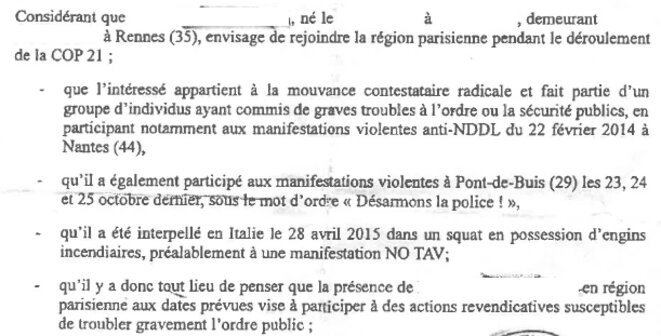 Extrait d'une des assignations à résidence décidée contre un militant rennais Extrait d'une des assignations à résidence décidée contre un militant rennais
