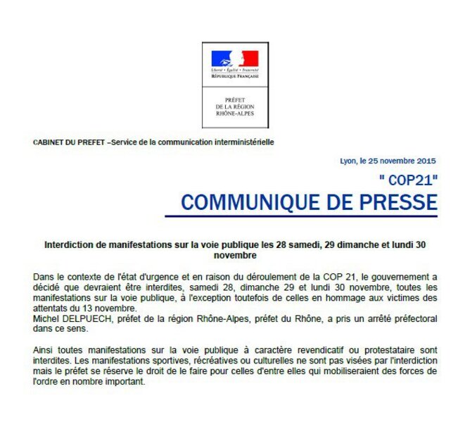 Manifs pour la Cop21 interdites mais autres manifs autorisées?