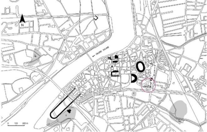 Le site est cerclé de rouge sur ce plan d'Arles en regard des monuments romains © Heijmans Le site est cerclé de rouge sur ce plan d'Arles en regard des monuments romains © Heijmans