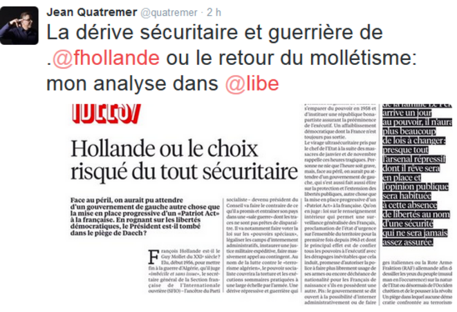 Quatremer dans Libération : "La dérive sécuritaire et guerrière d'Hollande ou le retour du mollétisme"