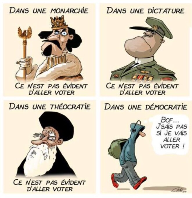 L'abstentionniste est à la démocratie ce que le dictateur est à un régime totalitaire, c'est bien connu. Il est aussi jeune et porte des sweats à capuche. L'abstentionniste est à la démocratie ce que le dictateur est à un régime totalitaire, c'est bien connu. Il est aussi jeune et porte des sweats à capuche.