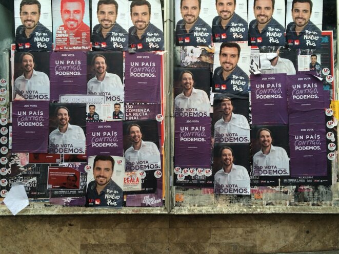 Affiches de campagne à Madrid: Podemos (Pablo Iglesias) versus IU (Alberto Garzón, communistes) Affiches de campagne à Madrid: Podemos (Pablo Iglesias) versus IU (Alberto Garzón, communistes)