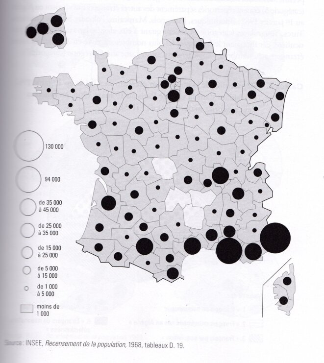 Carte de la présence des rapatriés d'Algérie au recensement de 1968, le seul ayant comptabilisé la population française née française en Afrique du Nord. Les chiffres manquent pour quantifier le nombre de pieds-noirs revenus depuis pour leur retraite sur le littoral méditerranéen, ou l'ayant quitté. La carte est tirée du livre de Yann Scioldo-Zürcher cité dans l'onglet « prolonger ». Carte de la présence des rapatriés d'Algérie au recensement de 1968, le seul ayant comptabilisé la population française née française en Afrique du Nord. Les chiffres manquent pour quantifier le nombre de pieds-noirs revenus depuis pour leur retraite sur le littoral méditerranéen, ou l'ayant quitté. La carte est tirée du livre de Yann Scioldo-Zürcher cité dans l'onglet « prolonger ».